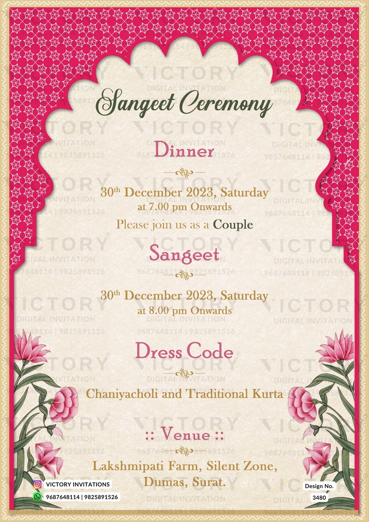 Wedding ceremony invitation card of hindu gujarati kathiyawadi family in English language with Traditional Arch theme design 3480