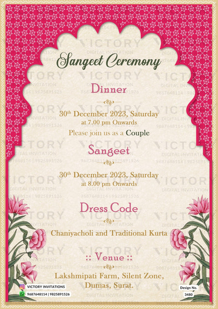 Wedding ceremony invitation card of hindu gujarati kathiyawadi family in English language with Traditional Arch theme design 3480