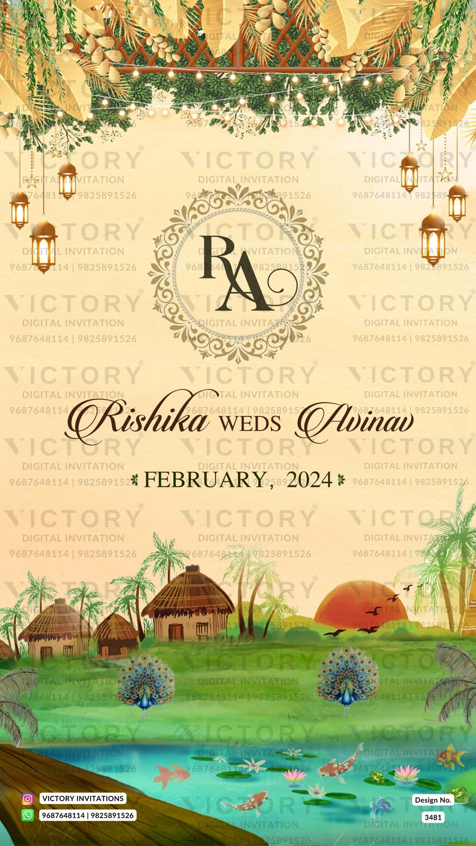Wedding ceremony invitation card of hindu punjabi sikh family in English language with Royal theme design 3481