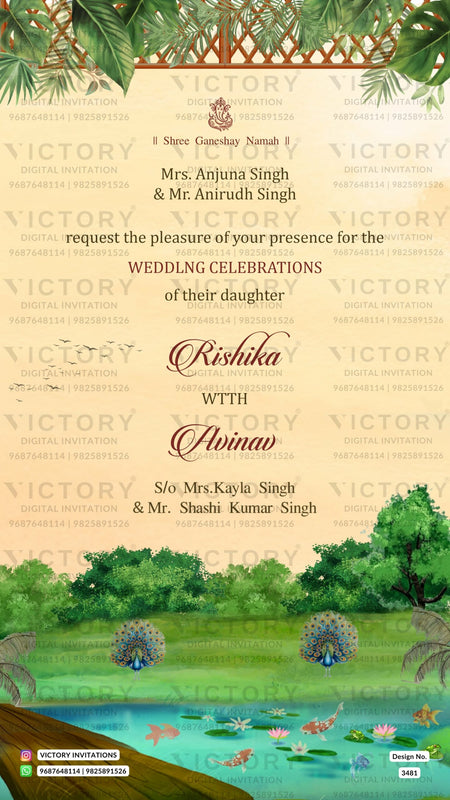Wedding ceremony invitation card of hindu punjabi sikh family in English language with Royal theme design 3481