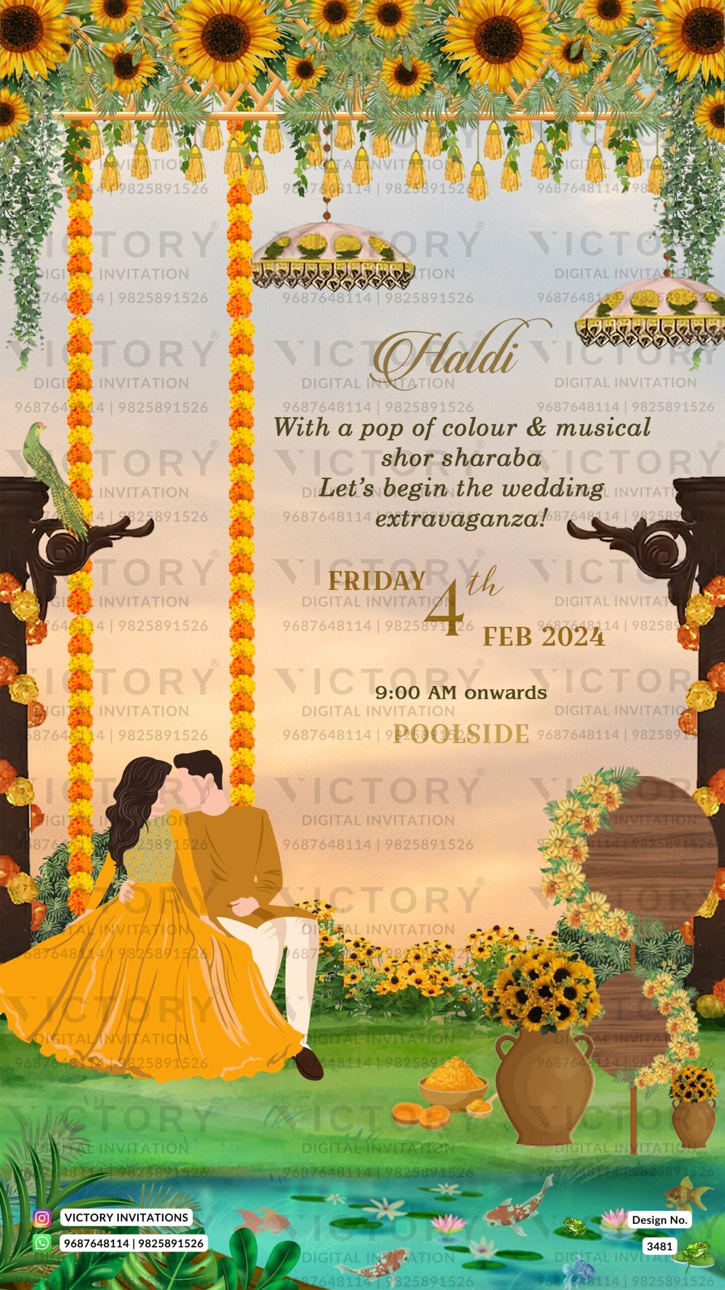 Wedding ceremony invitation card of hindu punjabi sikh family in English language with Royal theme design 3481