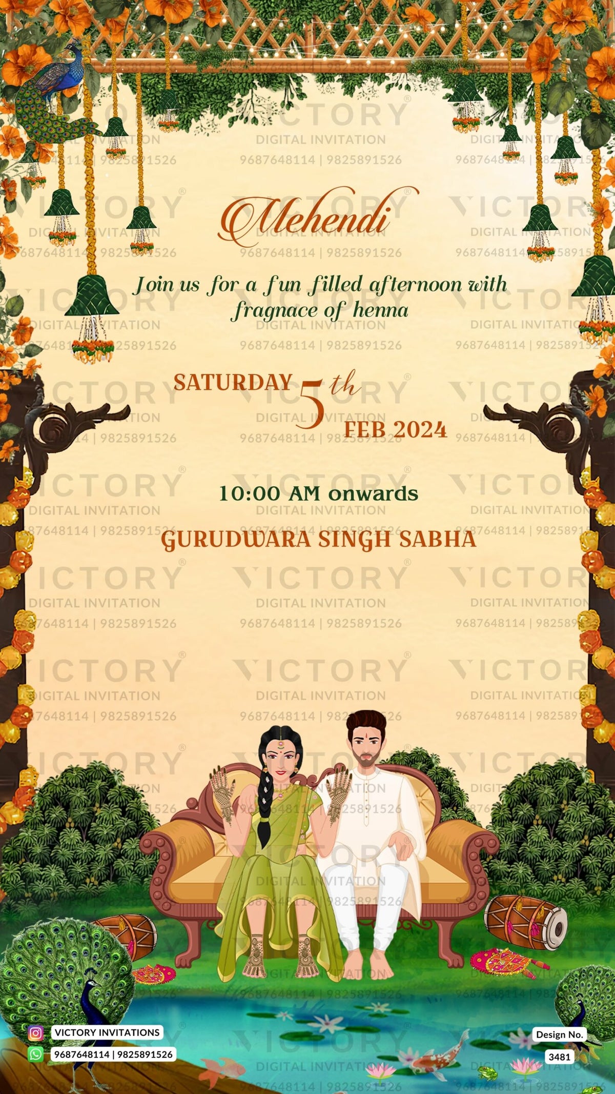 Wedding ceremony invitation card of hindu punjabi sikh family in English language with Royal theme design 3481
