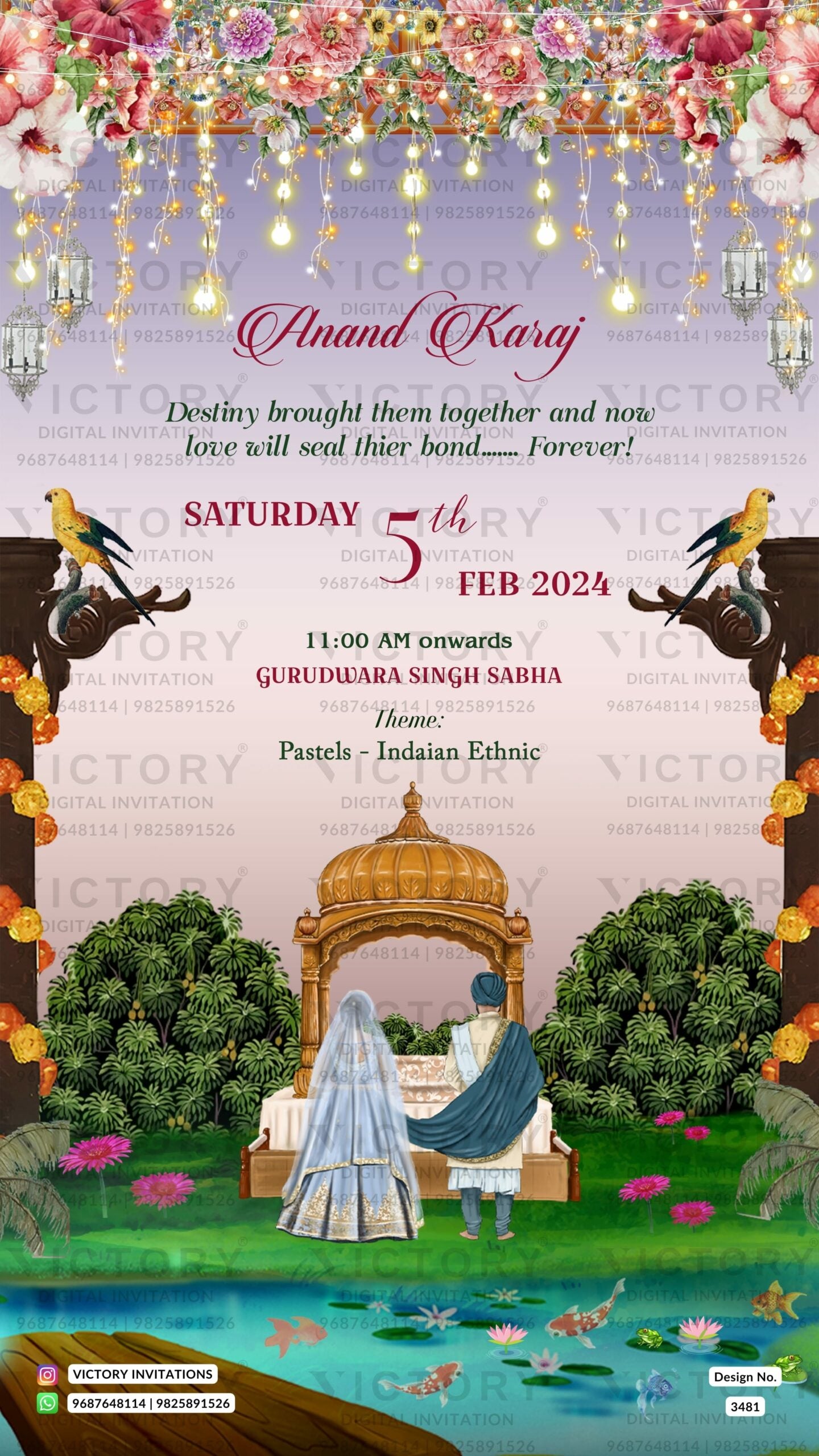 Wedding ceremony invitation card of hindu punjabi sikh family in English language with Royal theme design 3481