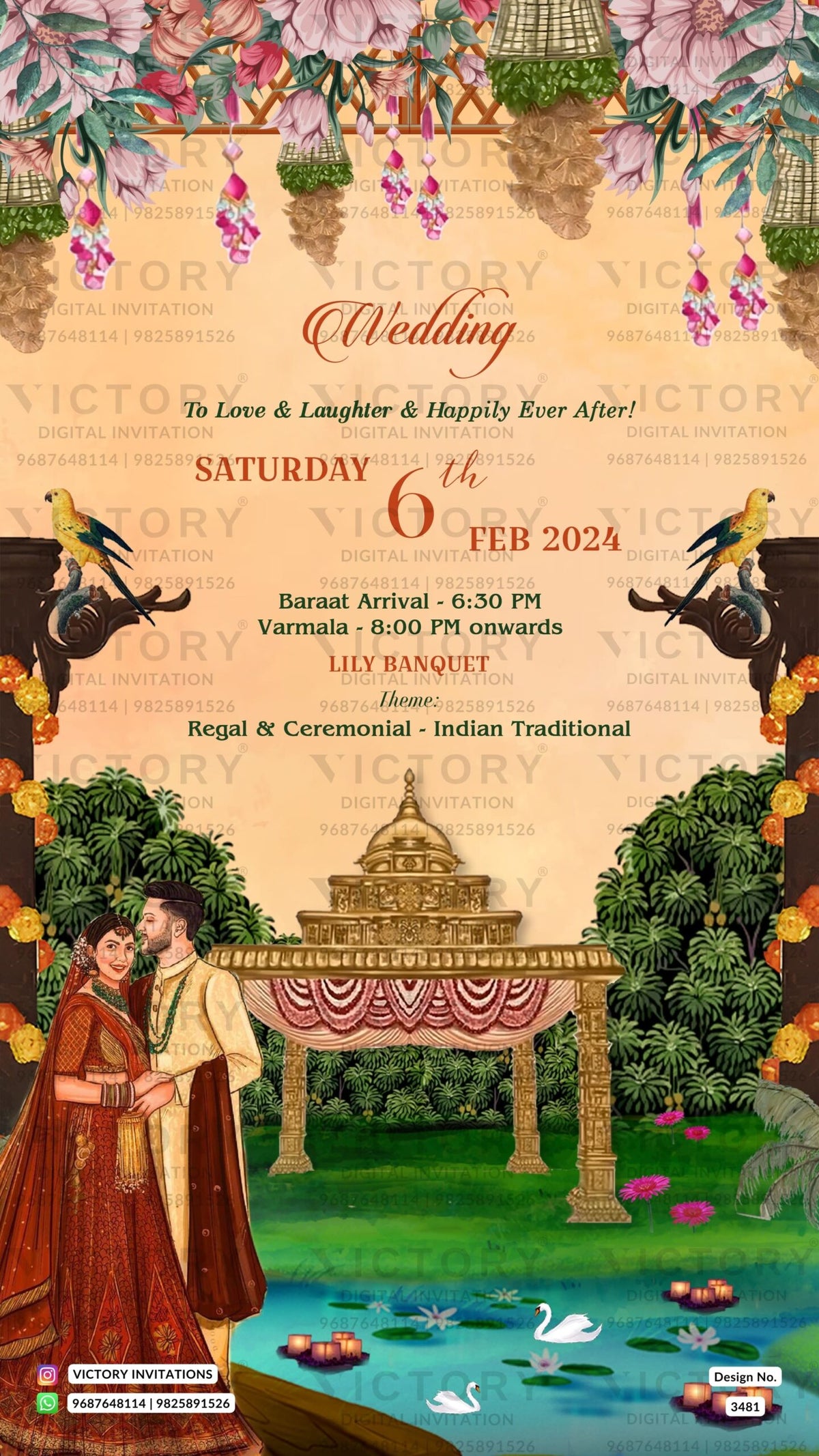 Wedding ceremony invitation card of hindu punjabi sikh family in English language with Royal theme design 3481