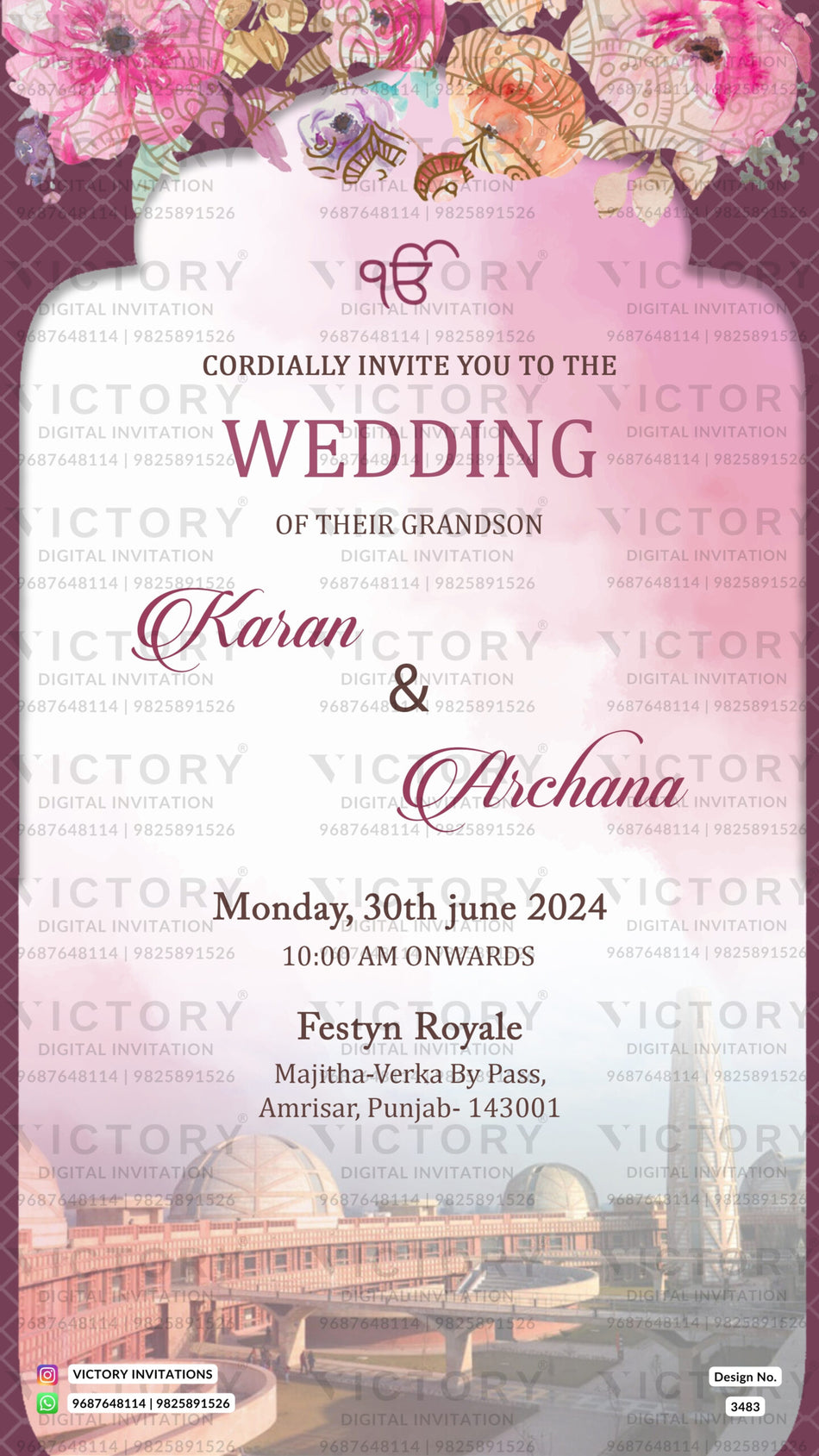 Wedding ceremony invitation card of hindu punjabi sikh family in english language with arch theme design 3483