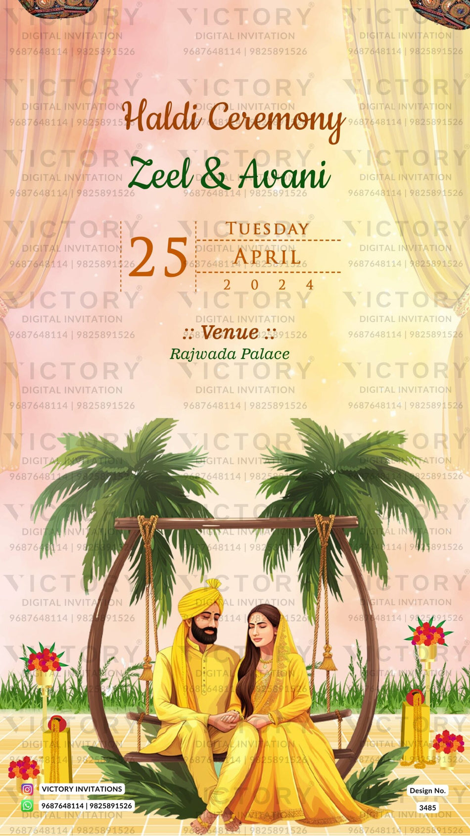 Wedding ceremony invitation card of hindu punjabi sikh family in English language with Beach theme design 3485