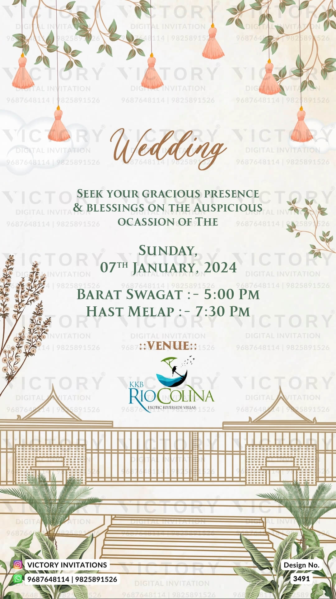 Wedding ceremony invitation card of hindu gujarati kathiyawadi family in English language with Destination theme design 3491