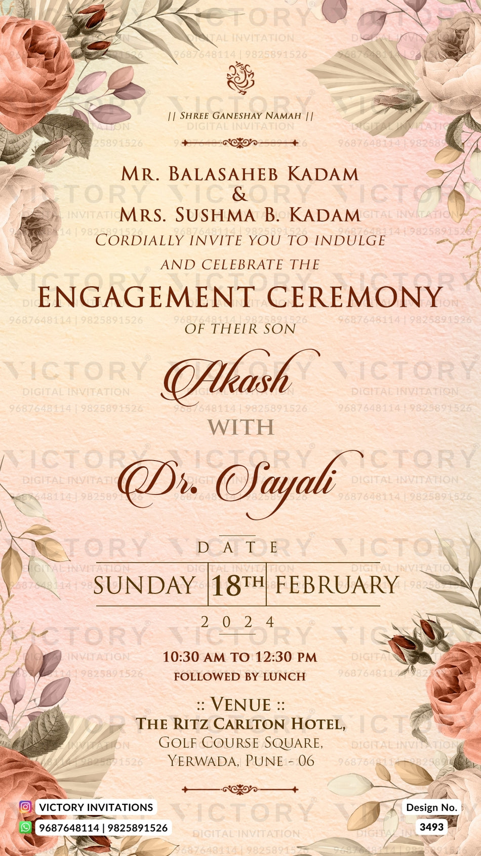 Engagement ceremony invitation card in english language with leaves as floral theme design 3493
