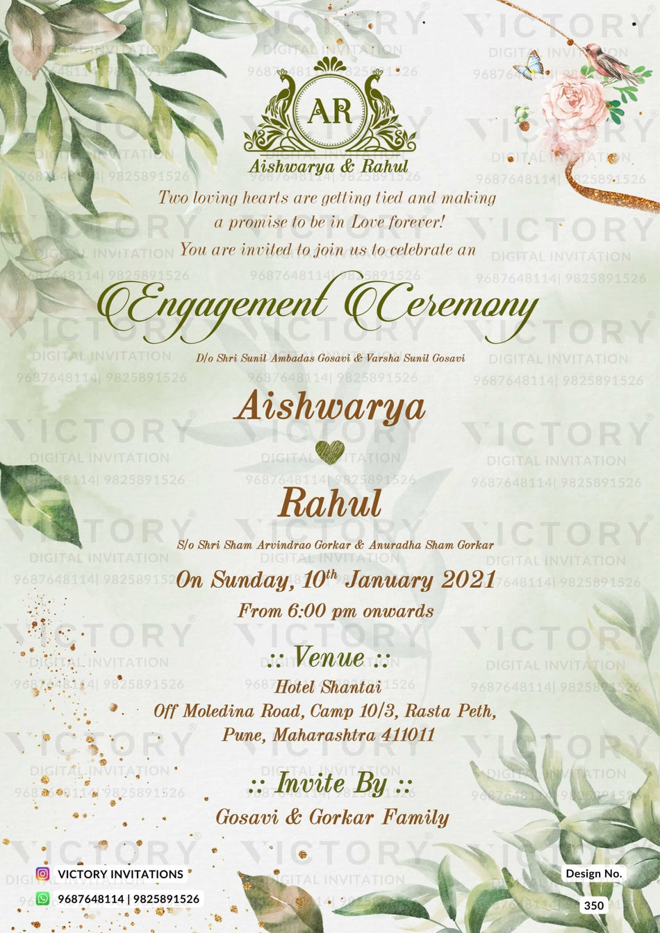 Engagement ceremony invitation card in english language with birds, butterfly as artistic leaves theme design 350