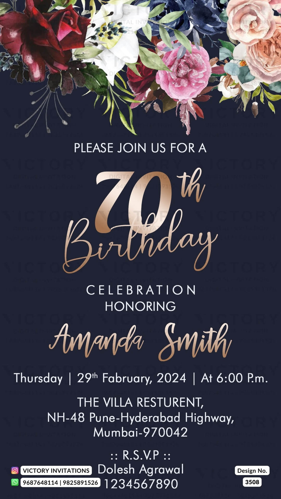 Birthday party invitation card in English language with flowers as floral theme design 3508
