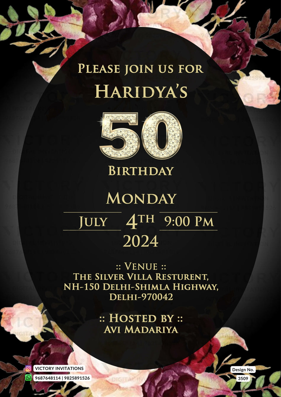 Birthday party invitation card in English language with flowers as floral theme design 3509