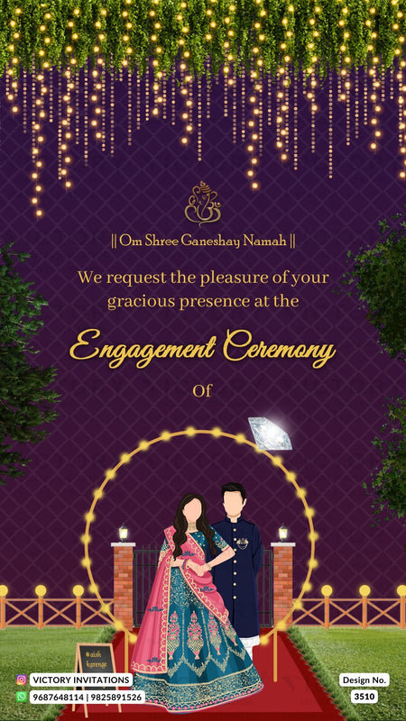 Engagement ceremony invitation card in english language with couple doodle, string lights as night theme design 3510