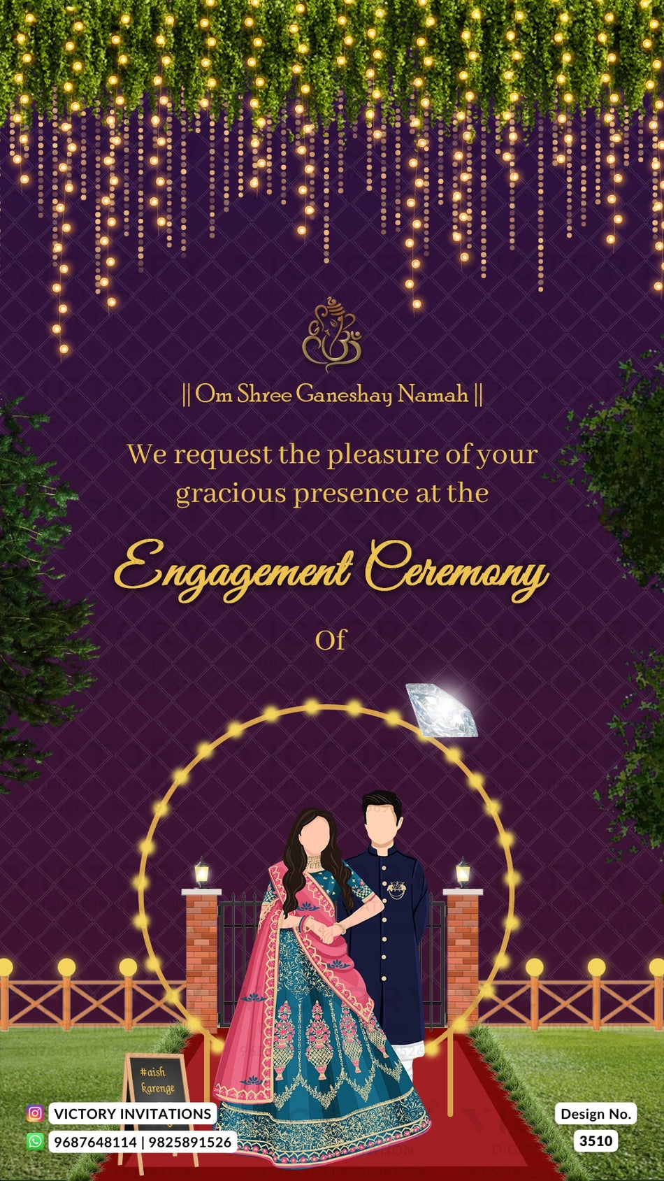 Engagement ceremony invitation card in english language with couple doodle, string lights as night theme design 3510