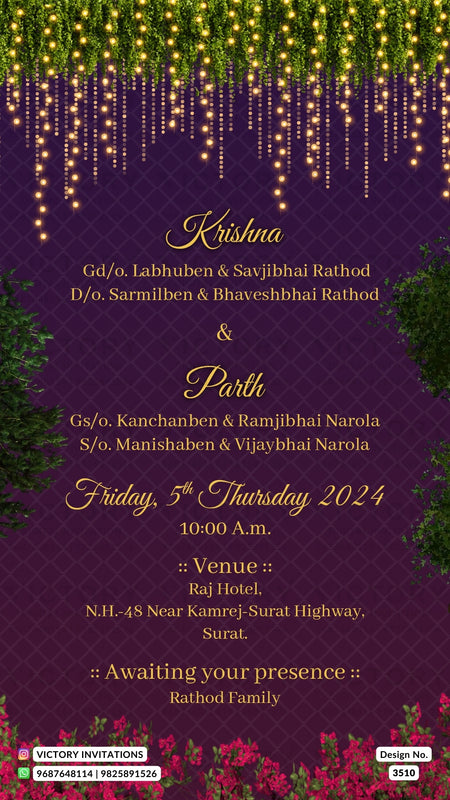 Engagement ceremony invitation card in english language with couple doodle, string lights as night theme design 3510