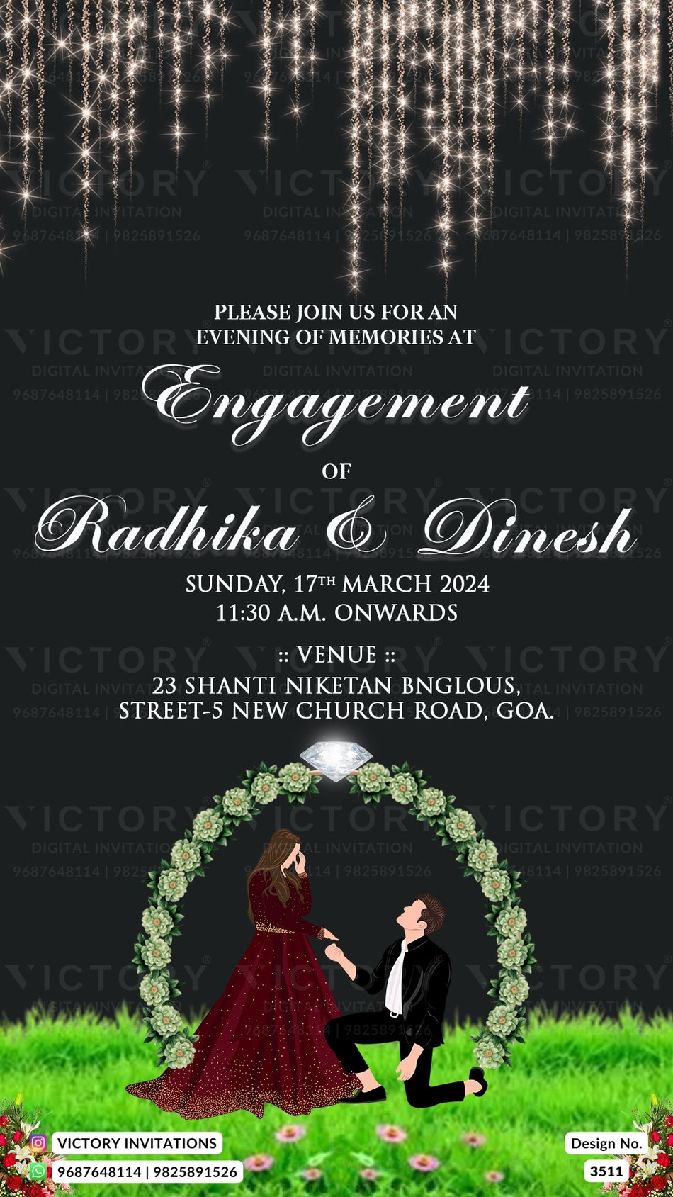 Engagement ceremony invitation card in english language with string light, grass as garden theme design 3511