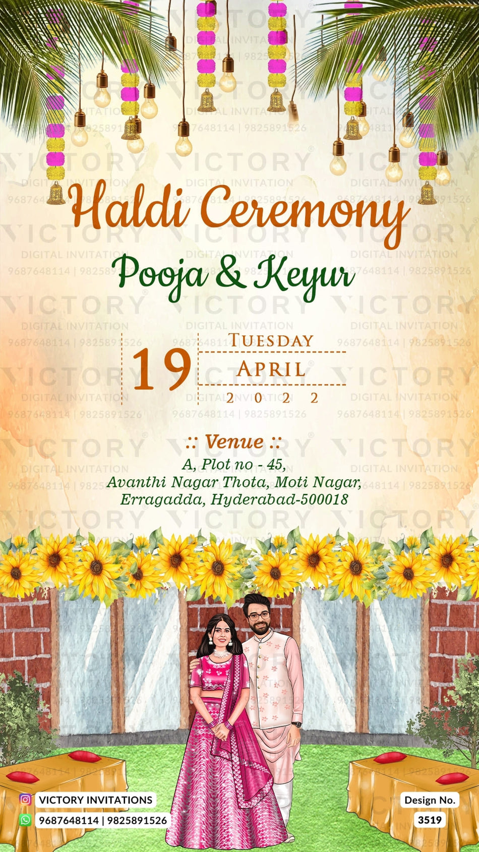Glittery couple caricature invitation card for Haldi ceremony in English language with flowers, bulb, grass as traditional theme design 3519