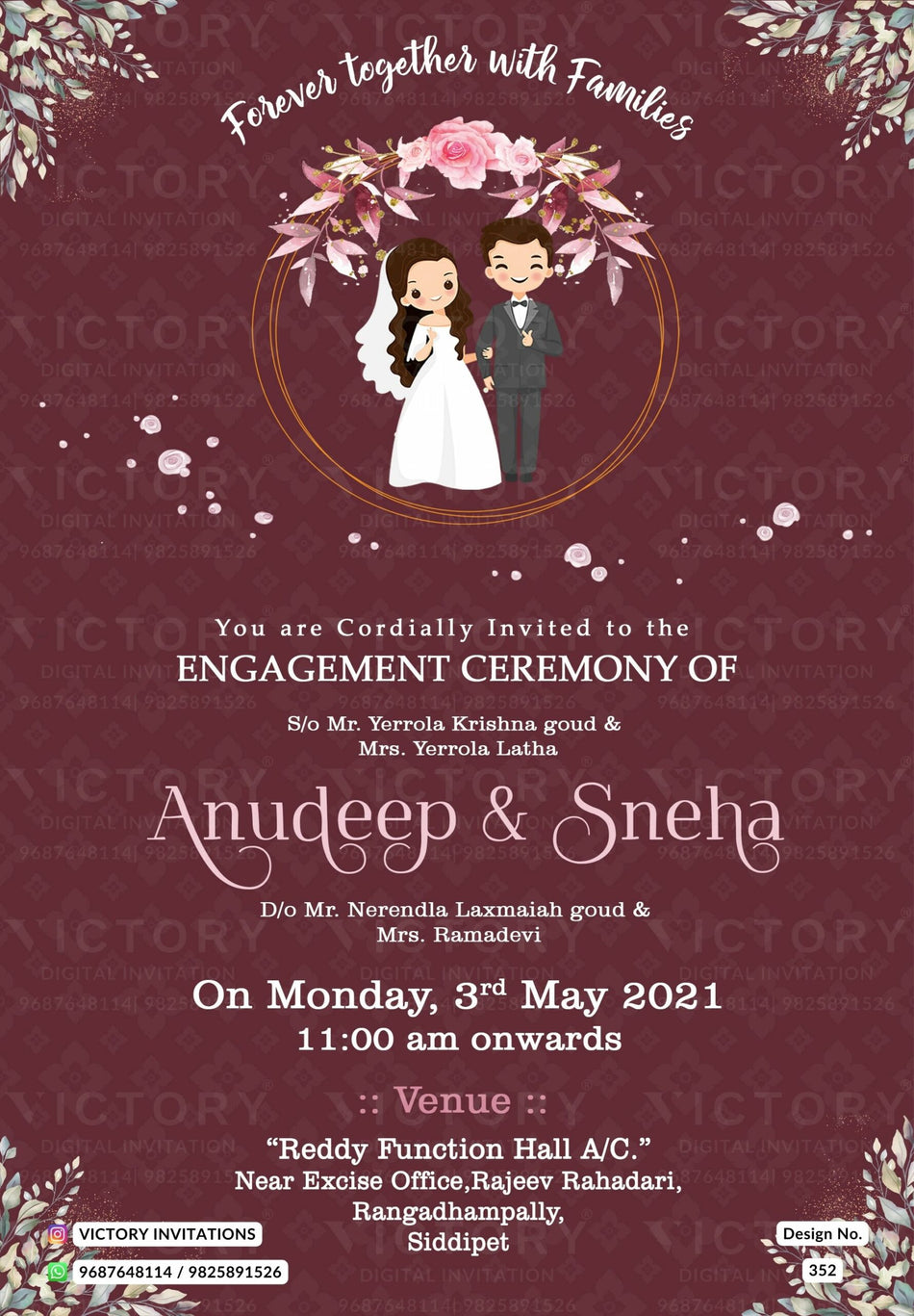 Engagement ceremony invitation card in english language with round frame as floral theme design 352