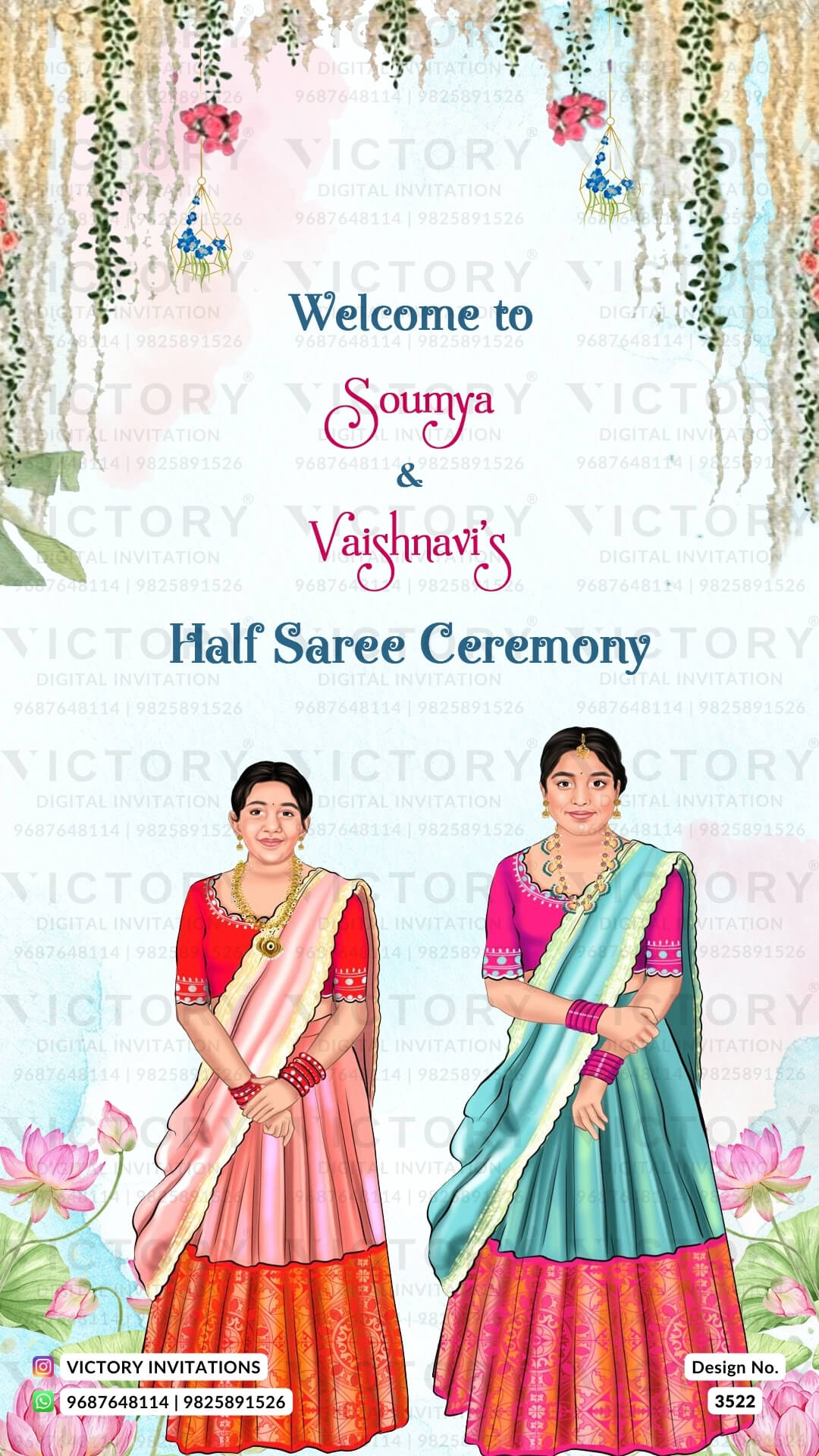 Young girl caricature invitation card for half saree ceremony in english language with traditional floral theme design 3522