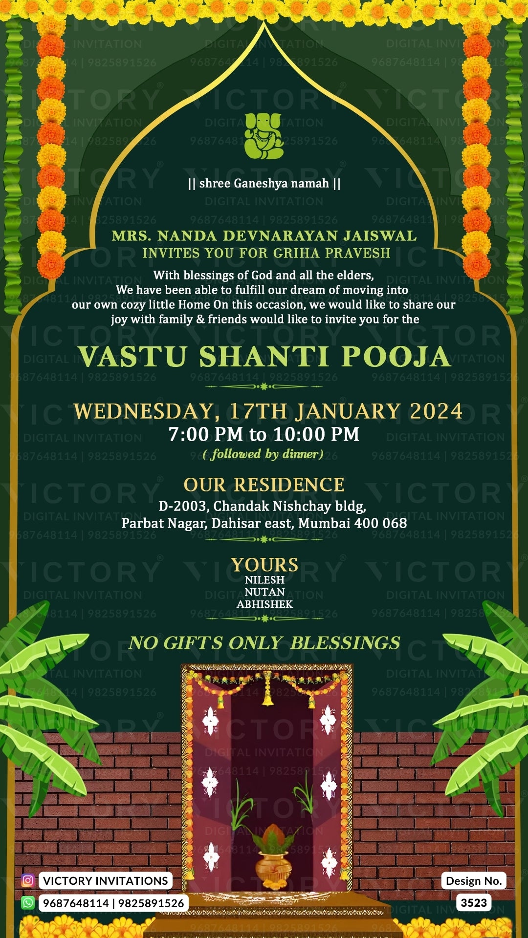 House Warming ceremony invitation card in english language with door, kalash, banana leaves as arch theme design 3523