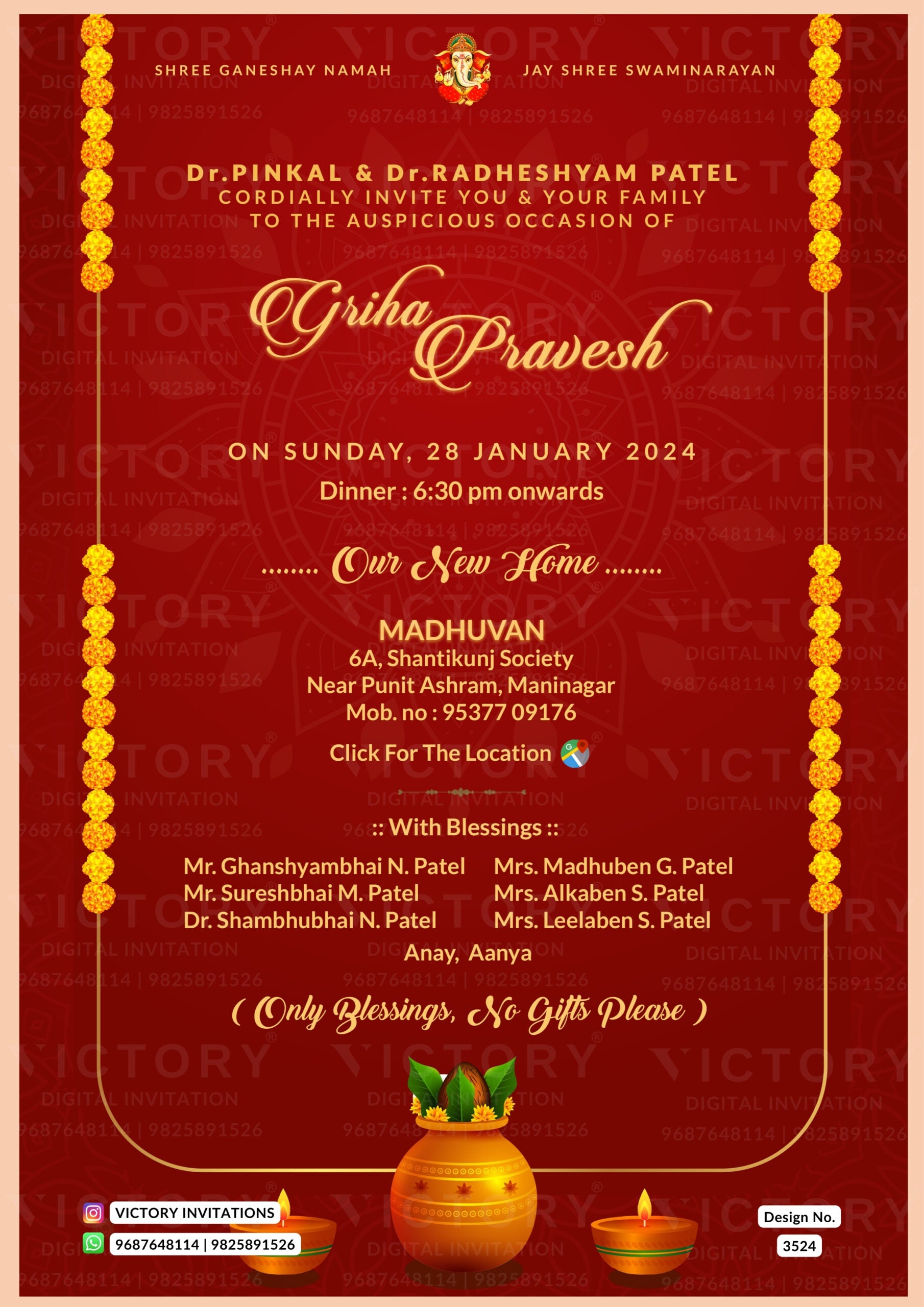 House Warming ceremony invitation card in english language with kalash, diya as minimalistic theme design 3524