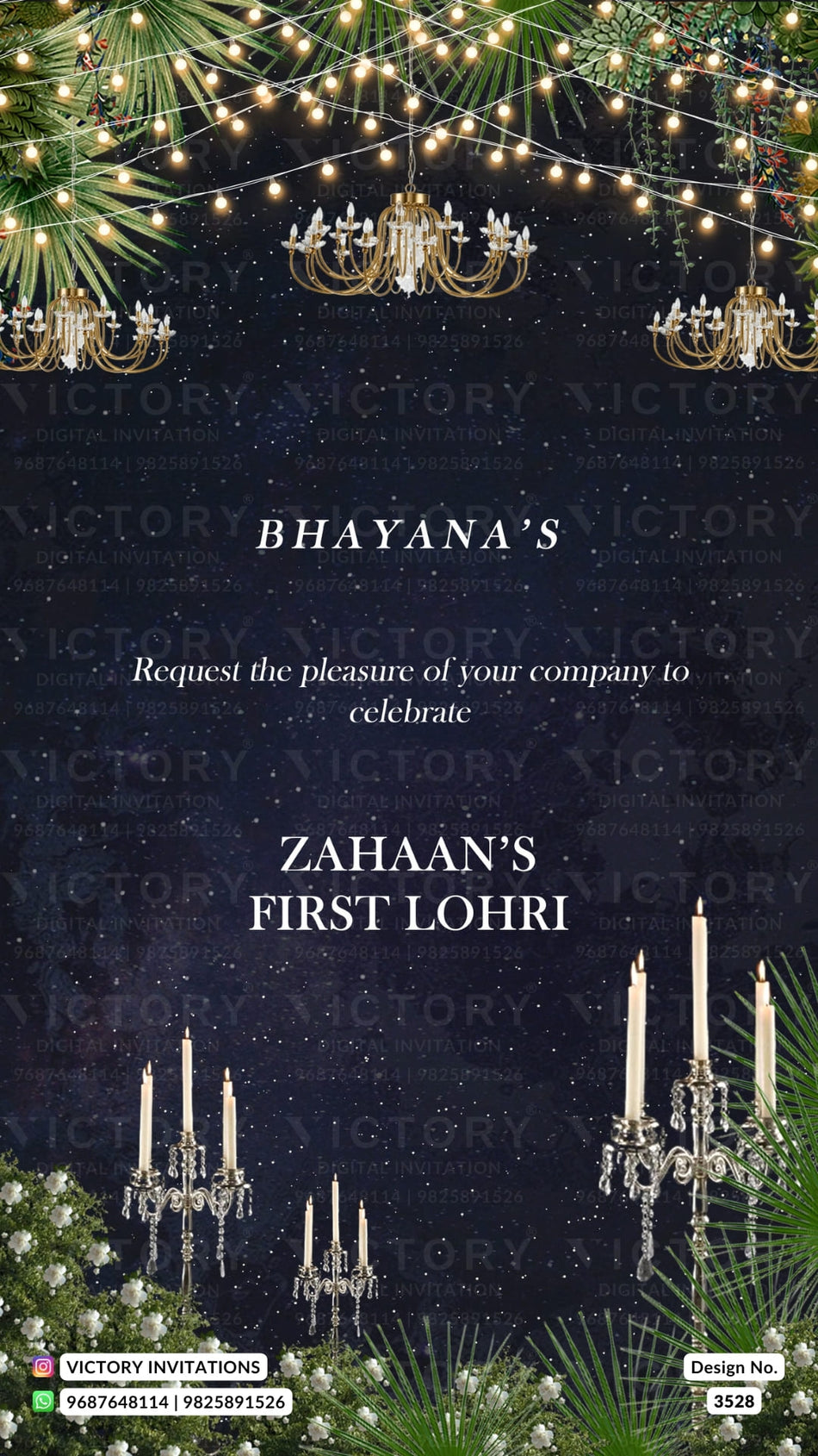 Lohri invitation card in english language with Chandeliers, leaves, flower, Light as glittery theme design 3528