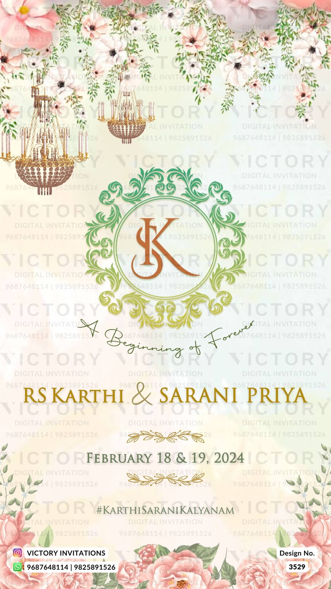 Stylish couple caricature invitation card for wedding ceremony of south indian tamil family in english language with floral theme design 3529