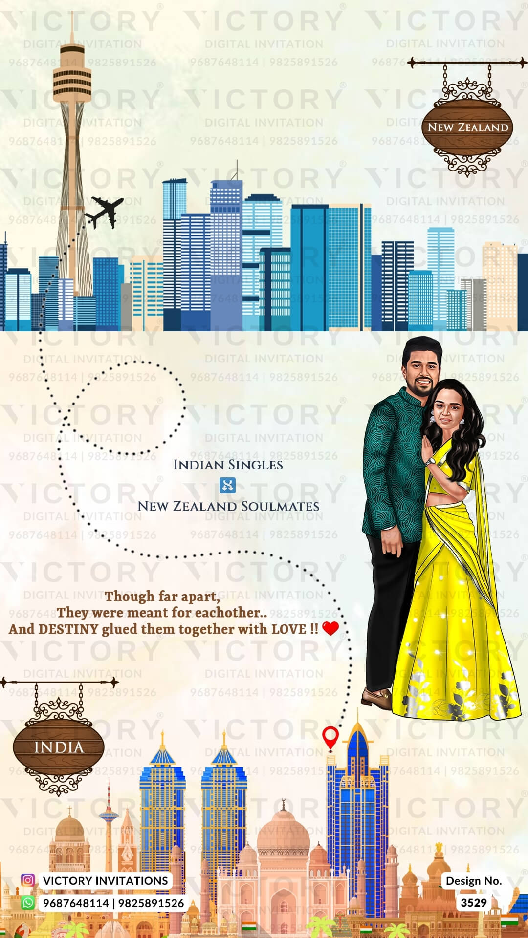 Stylish couple caricature invitation card for wedding ceremony of south indian tamil family in english language with floral theme design 3529