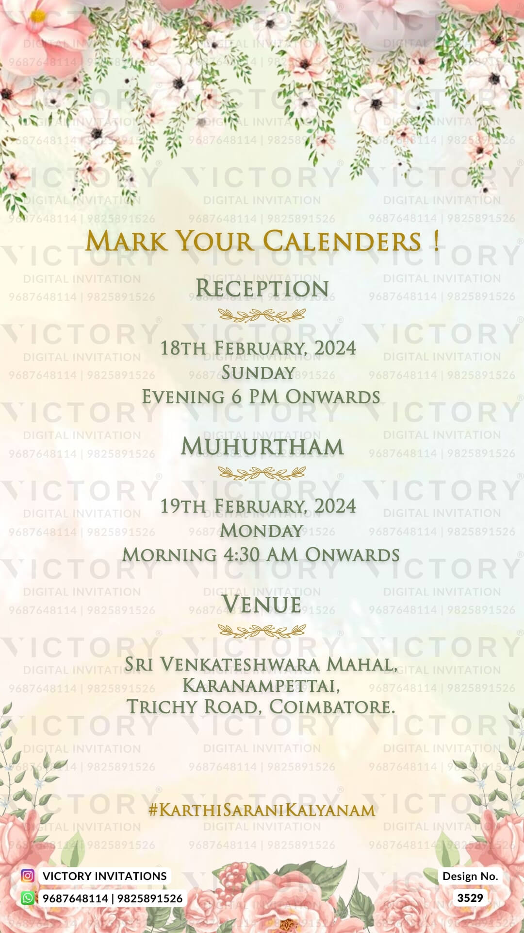 Stylish couple caricature invitation card for wedding ceremony of south indian tamil family in english language with floral theme design 3529