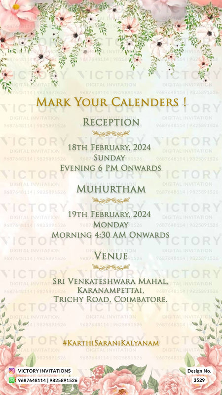 Stylish couple caricature invitation card for wedding ceremony of south indian tamil family in english language with floral theme design 3529