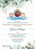 Mundan Ceremony invitation card in english language with green leaves, baby image, animal as floral theme design 3530