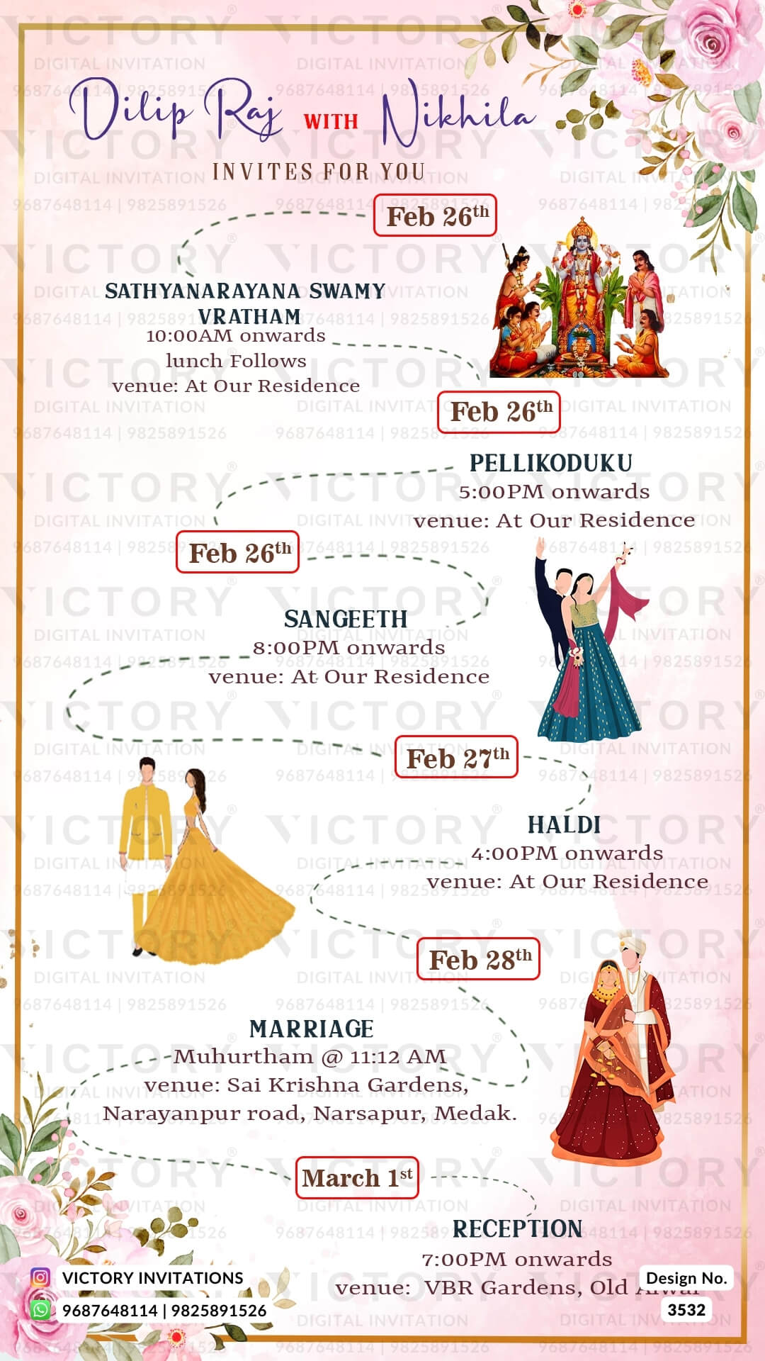 Wedding ceremony invitation card of hindu south indian telugu family in english language with minimalistic theme design 3532