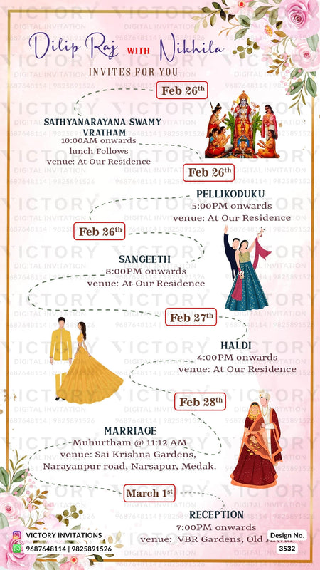Wedding ceremony invitation card of hindu south indian telugu family in english language with minimalistic theme design 3532