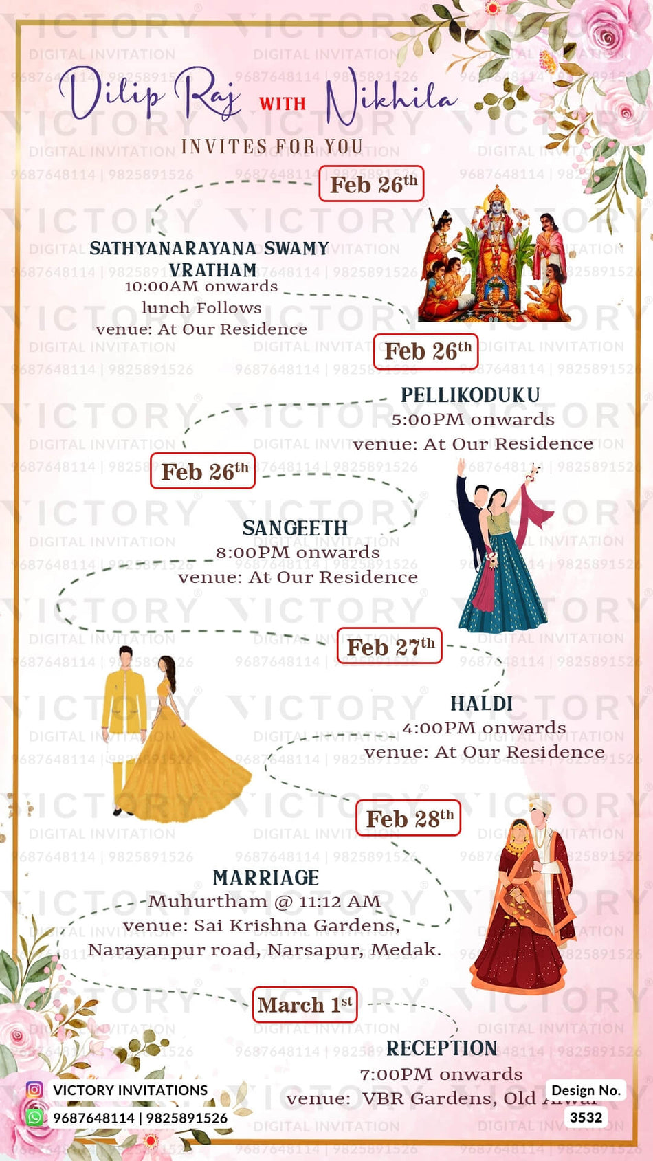 Wedding ceremony invitation card of hindu south indian telugu family in english language with minimalistic theme design 3532
