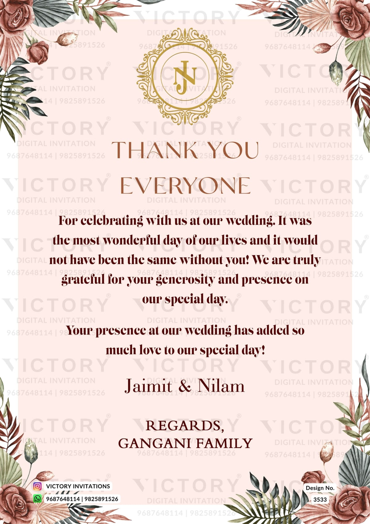 Wedding Thank You card in english language with flowers as floral theme design 3533