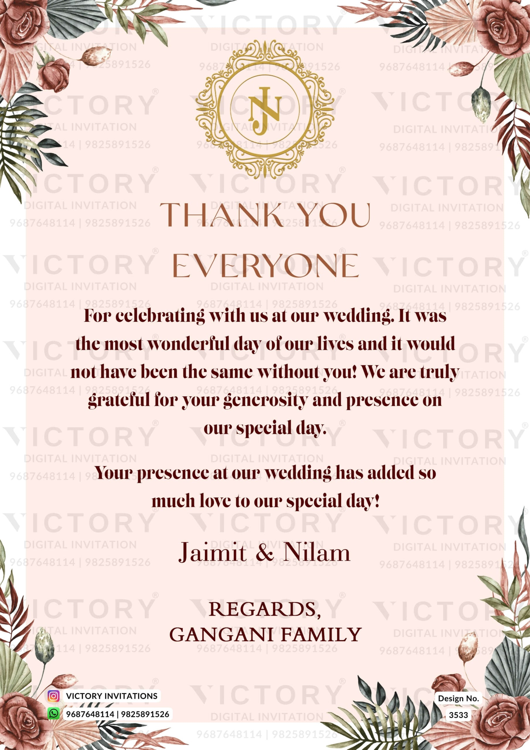 Wedding Thank You card in english language with flowers as floral theme design 3533
