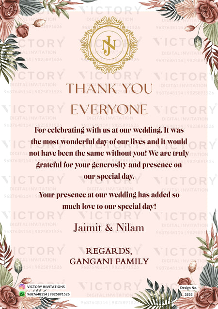 Wedding Thank You card in english language with flowers as floral theme design 3533