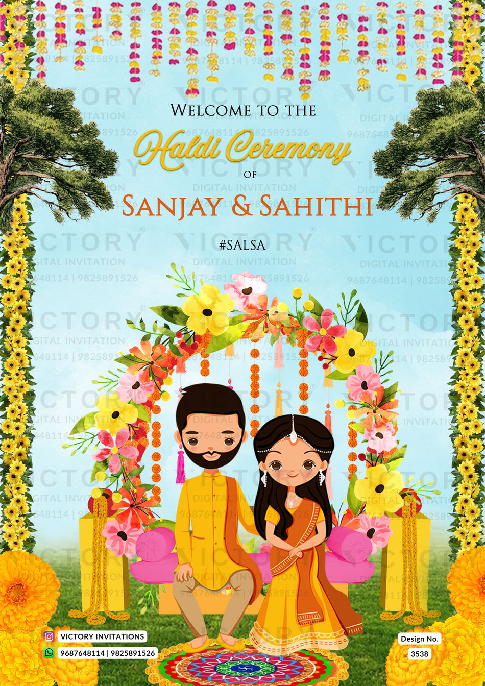 Haldi ceremony invitation card in english language with couple doodle, flowers as floral theme design 3538