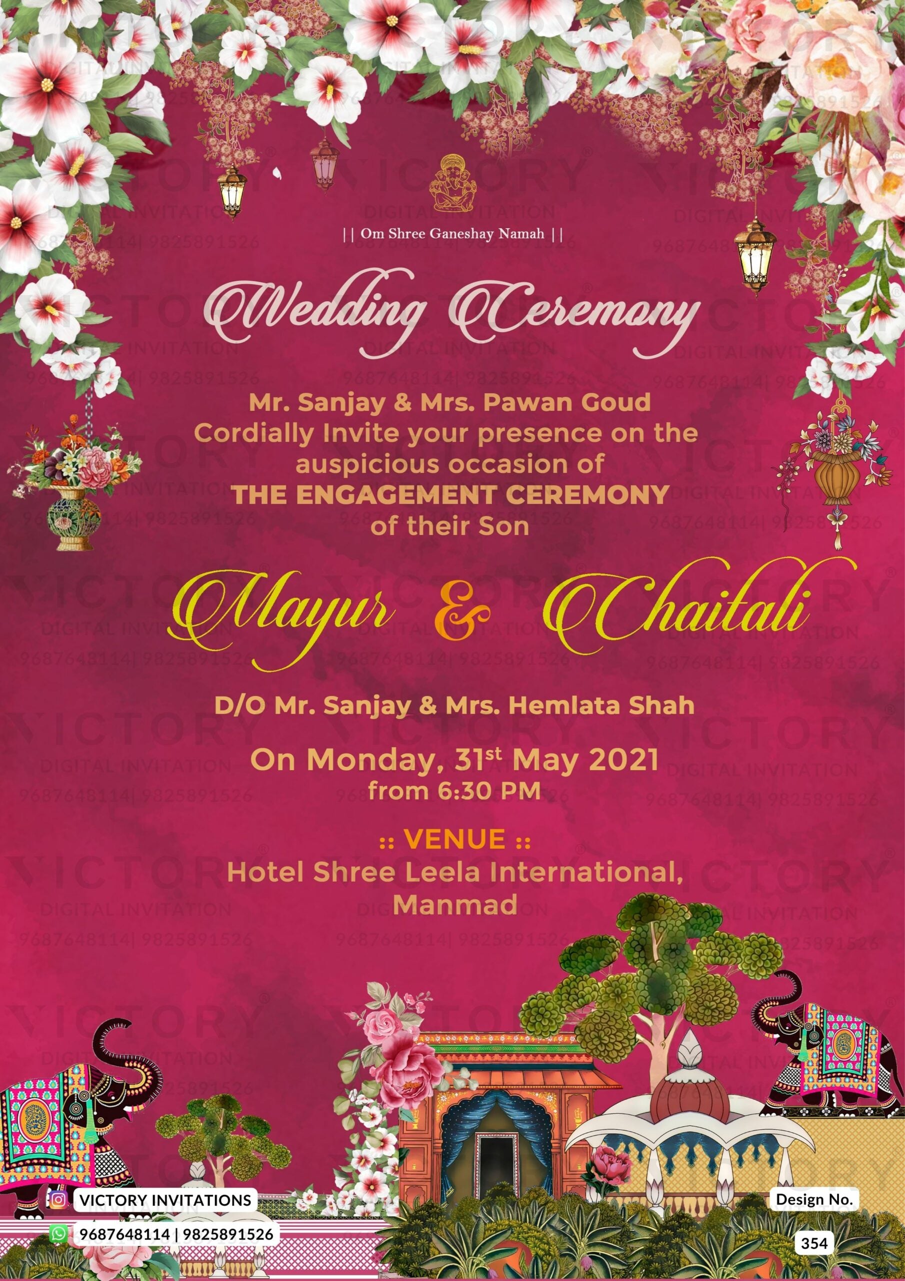 Wedding ceremony invitation card of hindu maharashtrian marathi family in english language with Traditional theme design 354
