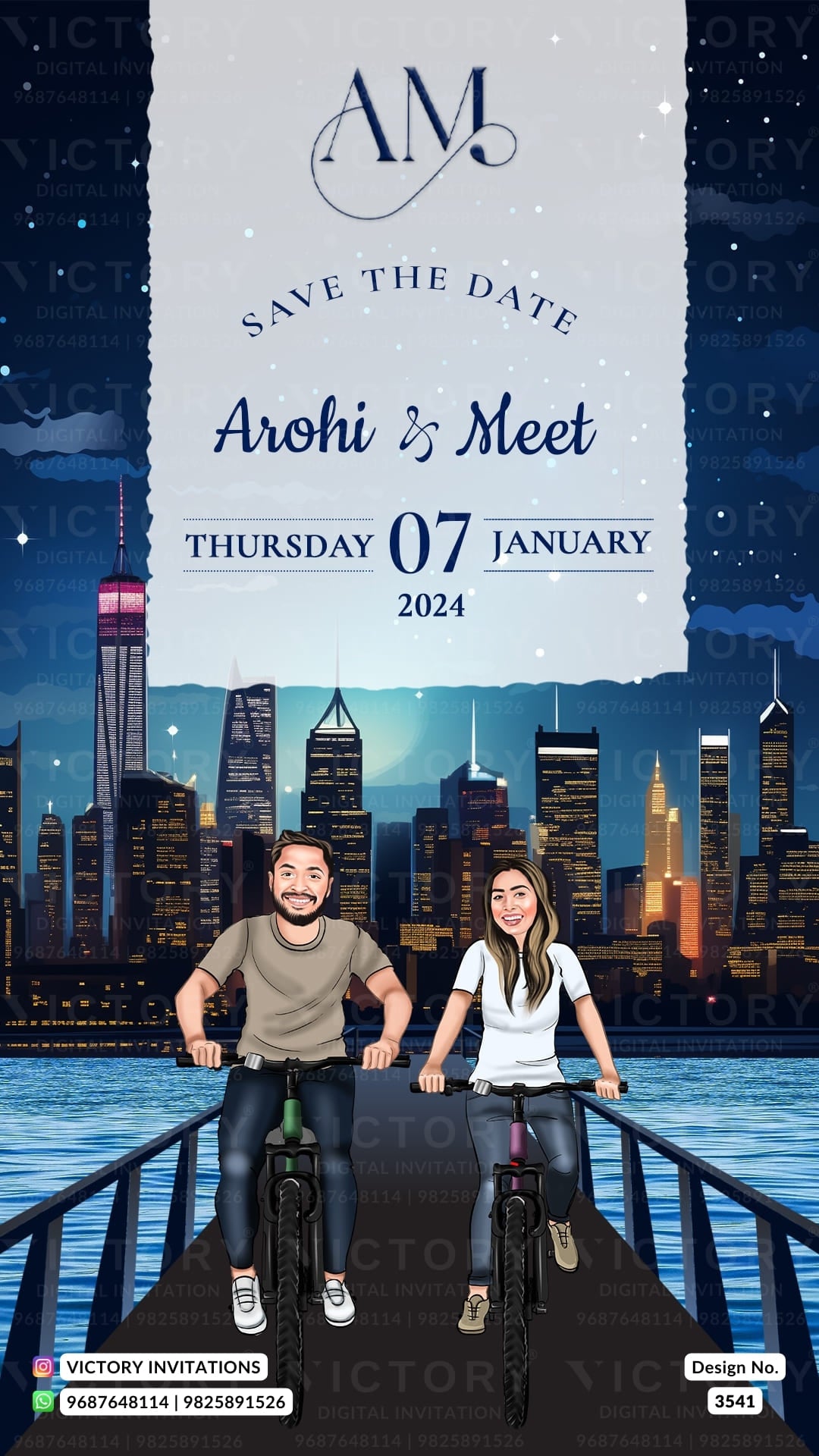 modern couple caricature invitation card for Save the Date in English language with skyline theme design 3541