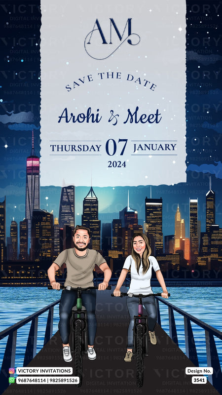 modern couple caricature invitation card for Save the Date in English language with skyline theme design 3541
