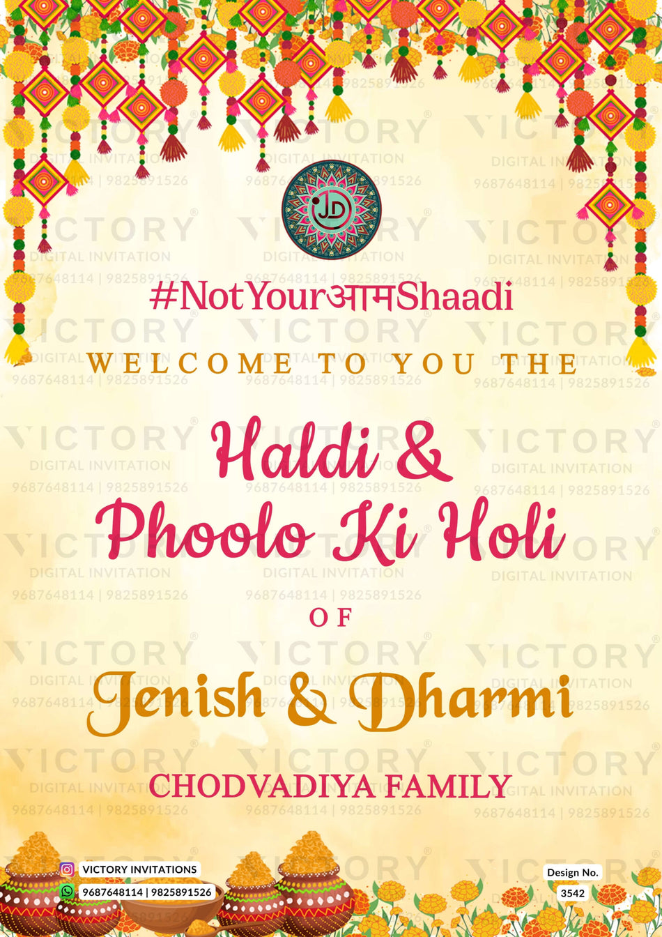 Haldi ceremony invitation card in english language with couple logo, flowers as floral theme design 3542