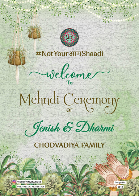 Mehendi Welcome Standee design in english language with string light, mehendi hand as floral theme design 3543