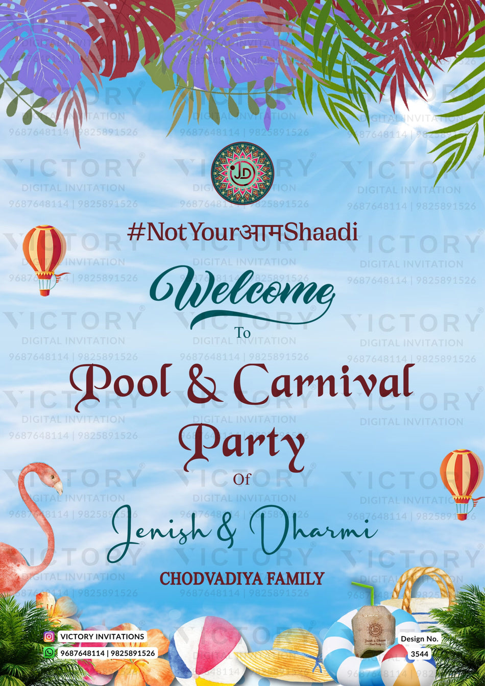Carnival Party invitation card in english language with couple logo, flamingo as artistic leaves theme design 3544