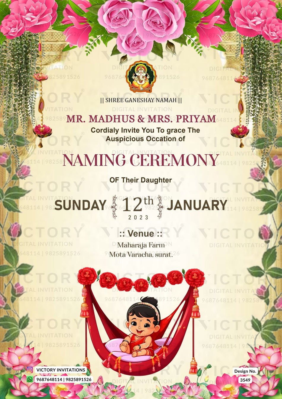 Baby Naming ceremony invitation card in english language with baby doodle, leaves, swing as floral theme design 3549