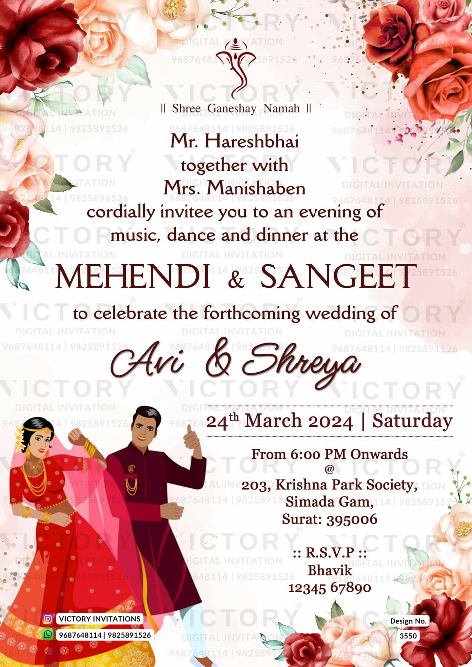 Mehendi & Sangeet Sandhya Ceremony invitation card in english language with fowers as floral theme design 3550