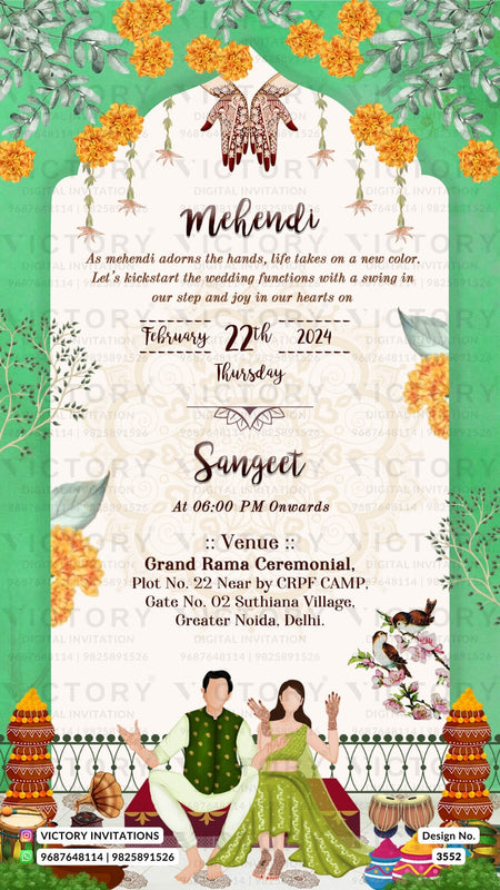 Wedding ceremony invitation card of hindu punjabi sikh family in English language with garden theme design 3552