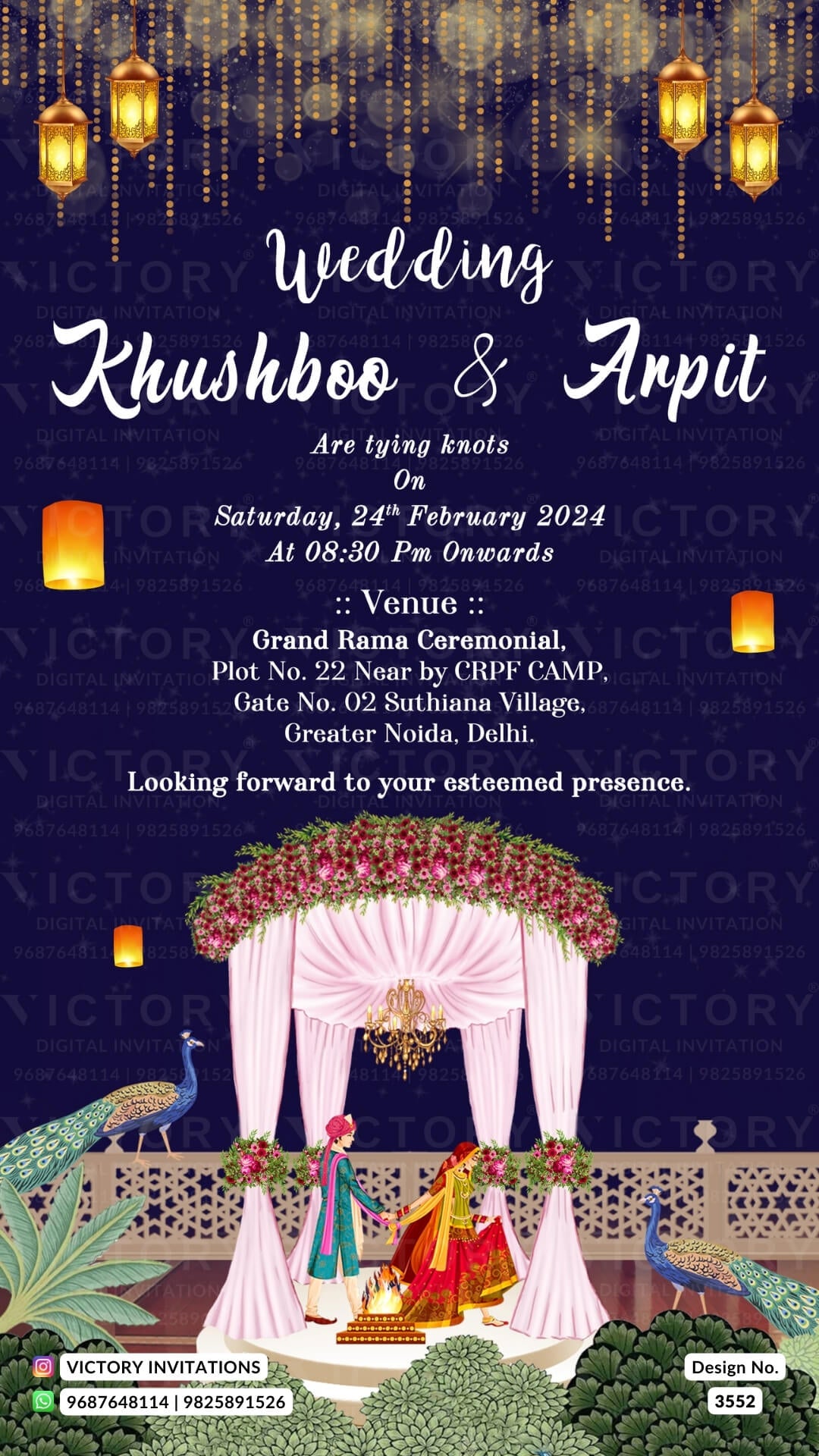 Wedding ceremony invitation card of hindu punjabi sikh family in English language with garden theme design 3552