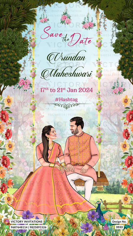 sitting adorable couple caricature invitation card for Save the Date in English language with traditional theme design 3553