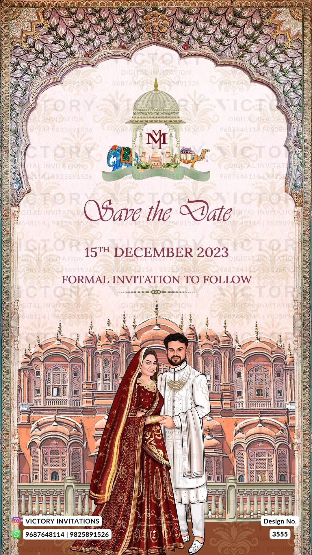 stylish couple caricature invitation card for Save the Date in English language with vintage theme design 3555