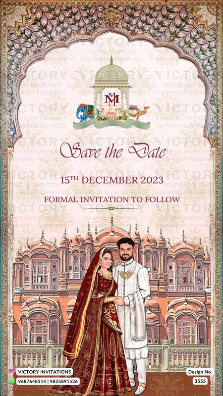 stylish couple caricature invitation card for Save the Date in English language with vintage theme design 3555